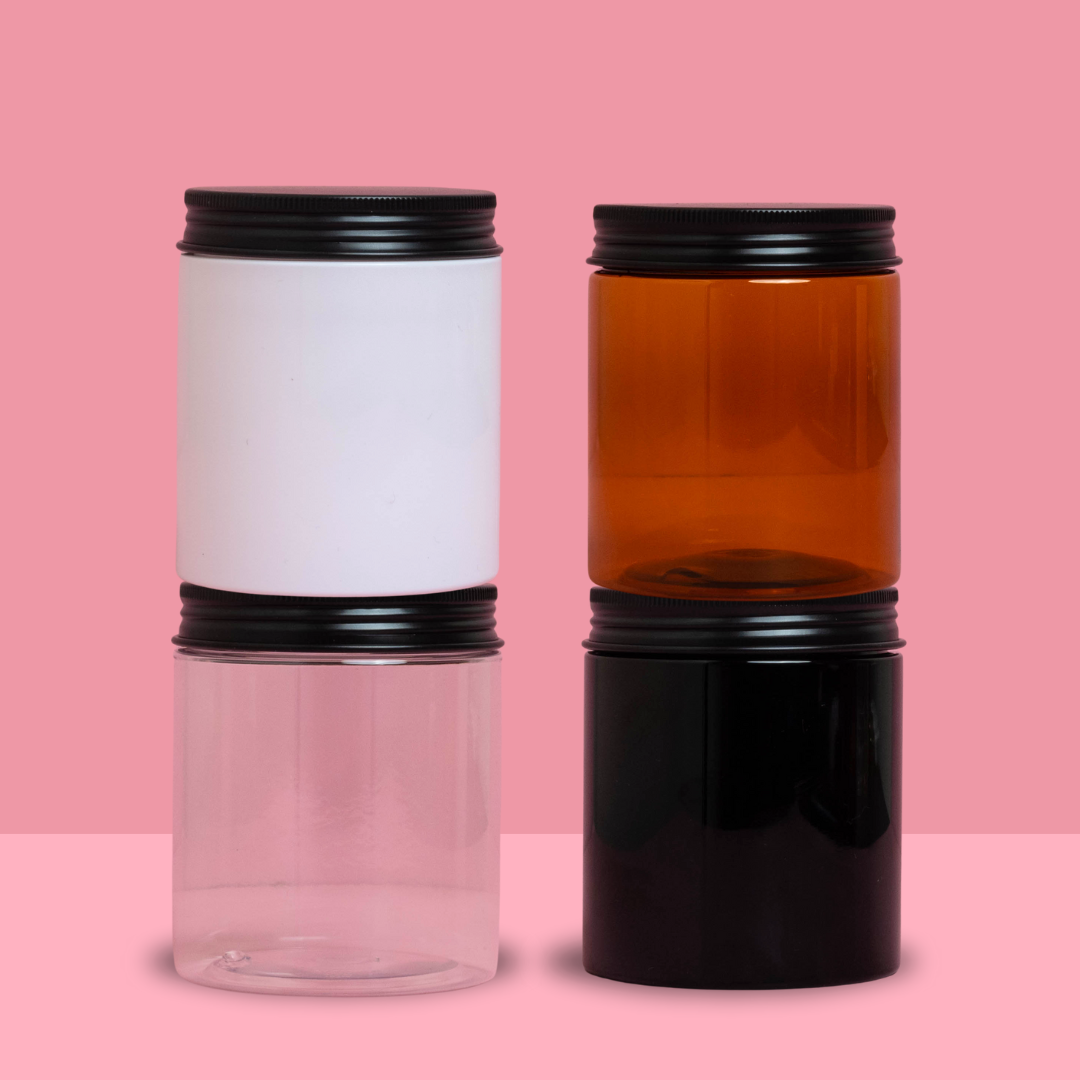250g Tall Plastic Jar With Black Aluminium Lid
