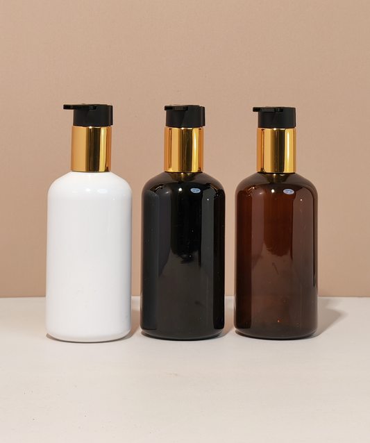250Ml Short Pet Bottle With New Gold Black Lotion Pump