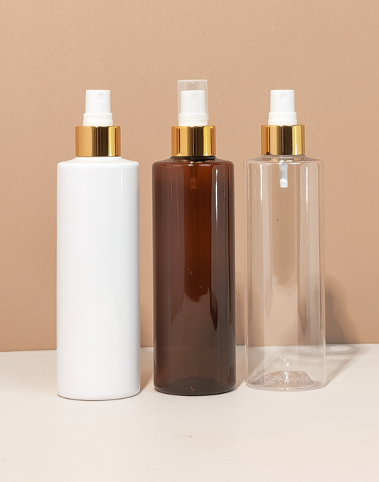 250Ml Tall Pet Bottle With Gold Mist Spray
