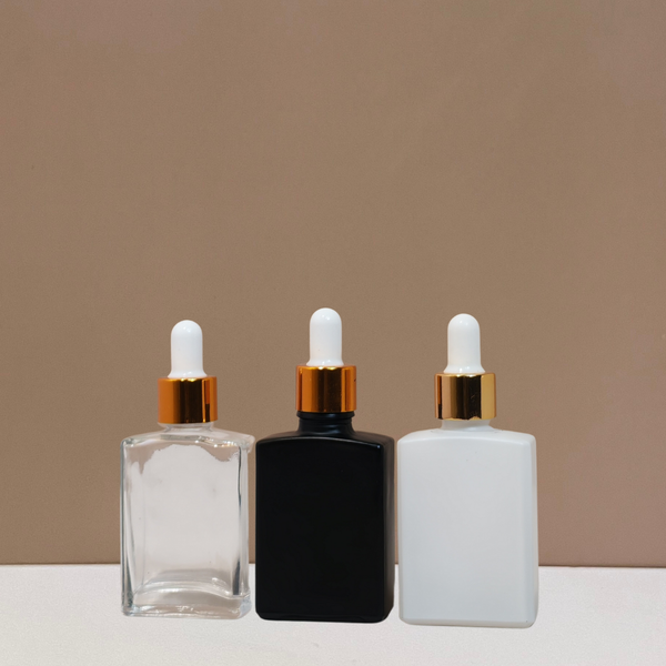 30ml Rectangle Glass Bottle with Gold White Dropper