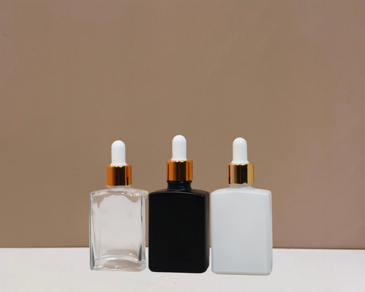 30ml Rectangle Glass Bottle with Gold White Dropper