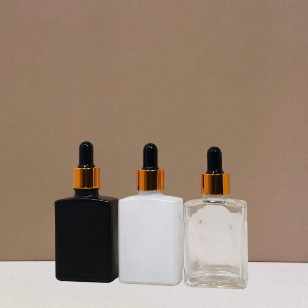 30ml Rectangle Glass Bottle with Gold Black Dropper