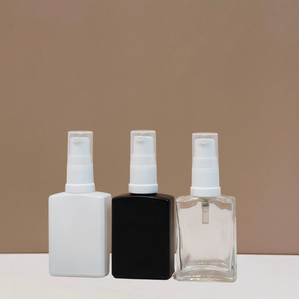 30ml Rectangle Glass Bottle with White Treatment Pump