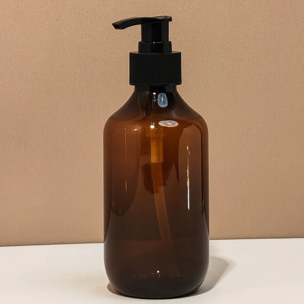 300Ml Boston Amber Pet Bottle With Black Lotion Pump