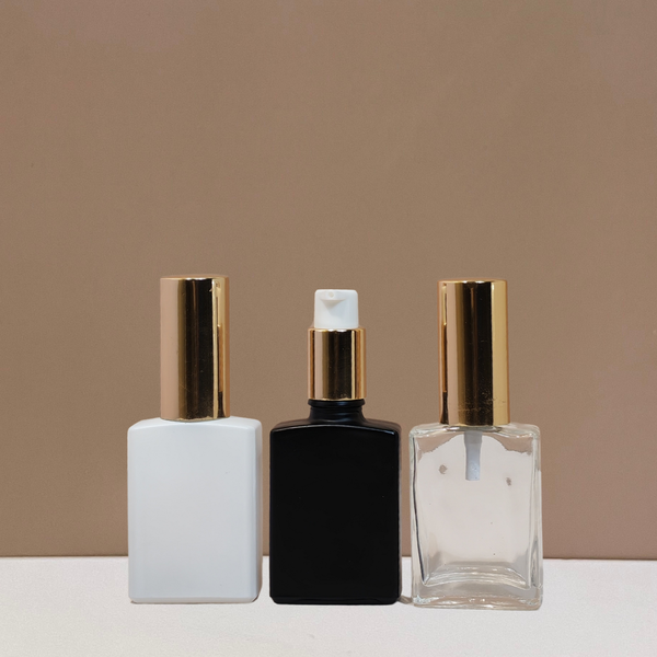30ml Rectangle Glass Bottle with Gold Treatment Pump