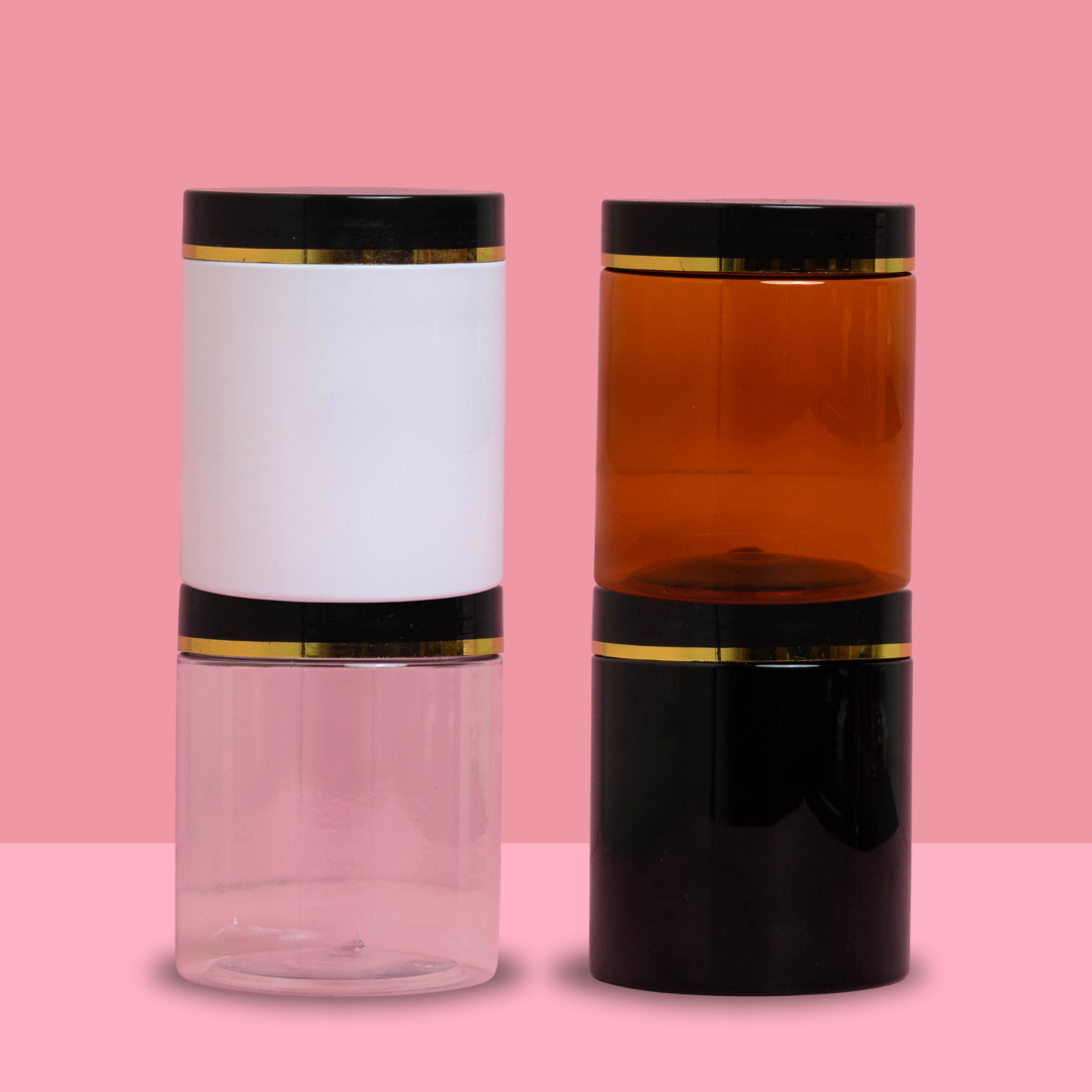 250g Tall Plastic Jar Black Lid With Gold Strip