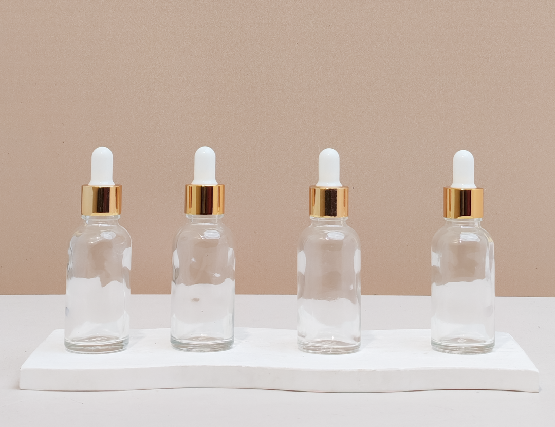 30Ml Glass Bottle With Gold White Dropper (Round)