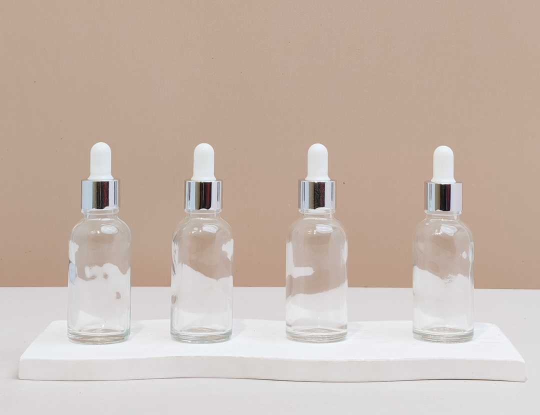 30Ml Glass Bottle With Silver White Dropper (Round)