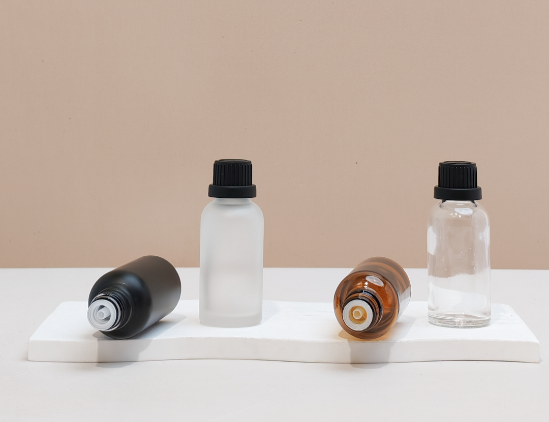 30Ml Glass Bottle With Black Tamper Proof Cap + Insert (Round)