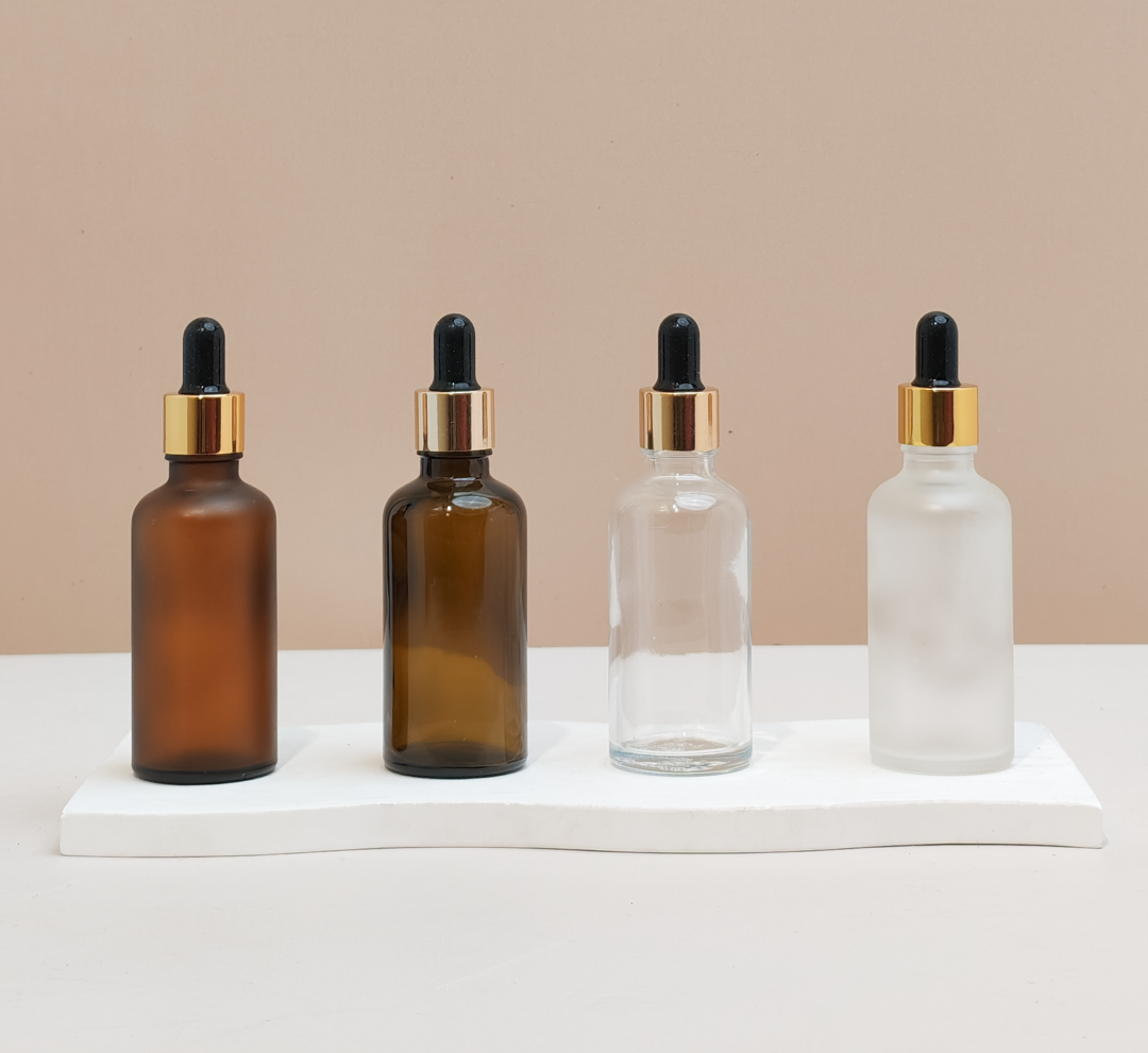 50Ml Glass Bottle With Gold Black Dropper (Round)