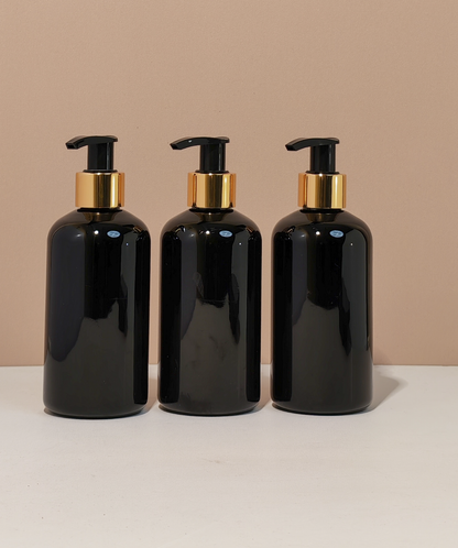 250Ml Short Pet Bottle With Old Gold Black Lotion Pump