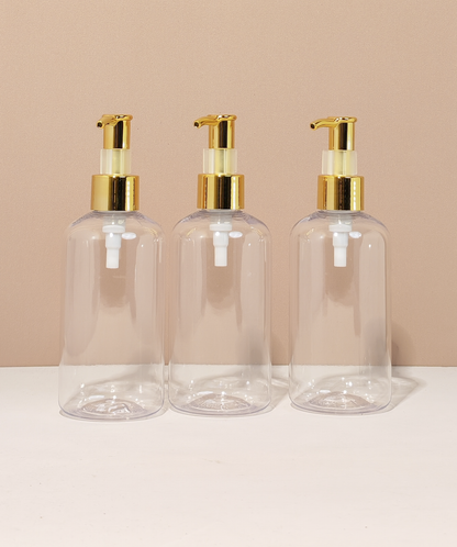 250Ml Short Pet Bottle With All Gold Lotion Pump