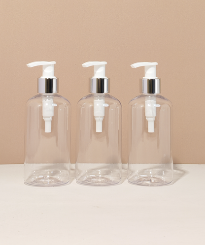 250Ml Short Pet Bottle With Silver White Lotion Pump