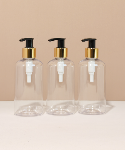 250Ml Short Pet Bottle With Old Gold Black Lotion Pump