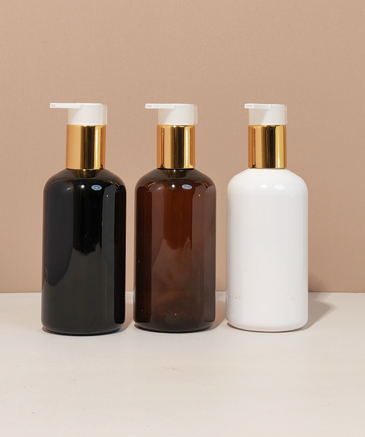250Ml Short Pet Bottle With New Gold White Lotion Pump