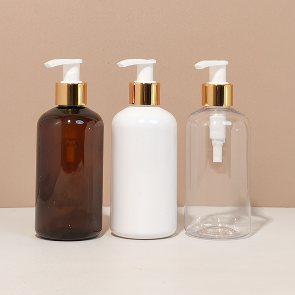 250Ml Short Pet Bottle With Old Gold White Lotion Pump