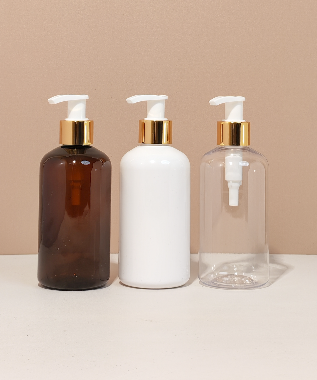250Ml Short Pet Bottle With Old Gold White Lotion Pump