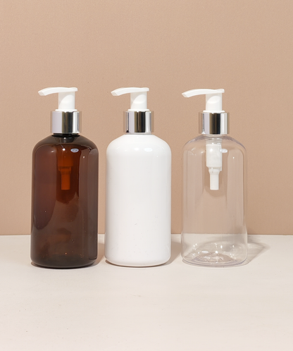 250Ml Short Pet Bottle With Silver White Lotion Pump