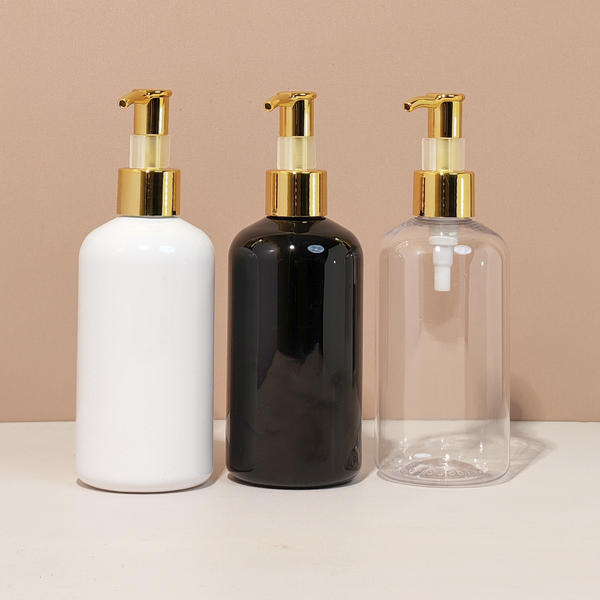 250Ml Short Pet Bottle With All Gold Lotion Pump