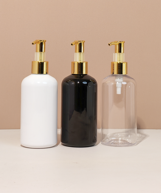 250Ml Short Pet Bottle With All Gold Lotion Pump