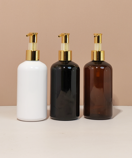 250Ml Short Pet Bottle With All Gold Lotion Pump