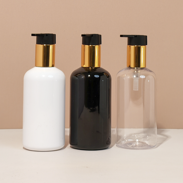 250Ml Short Pet Bottle With New Gold Black Lotion Pump