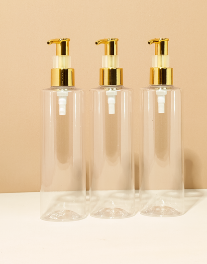 250Ml Tall Pet Bottle With All Gold Lotion Pump