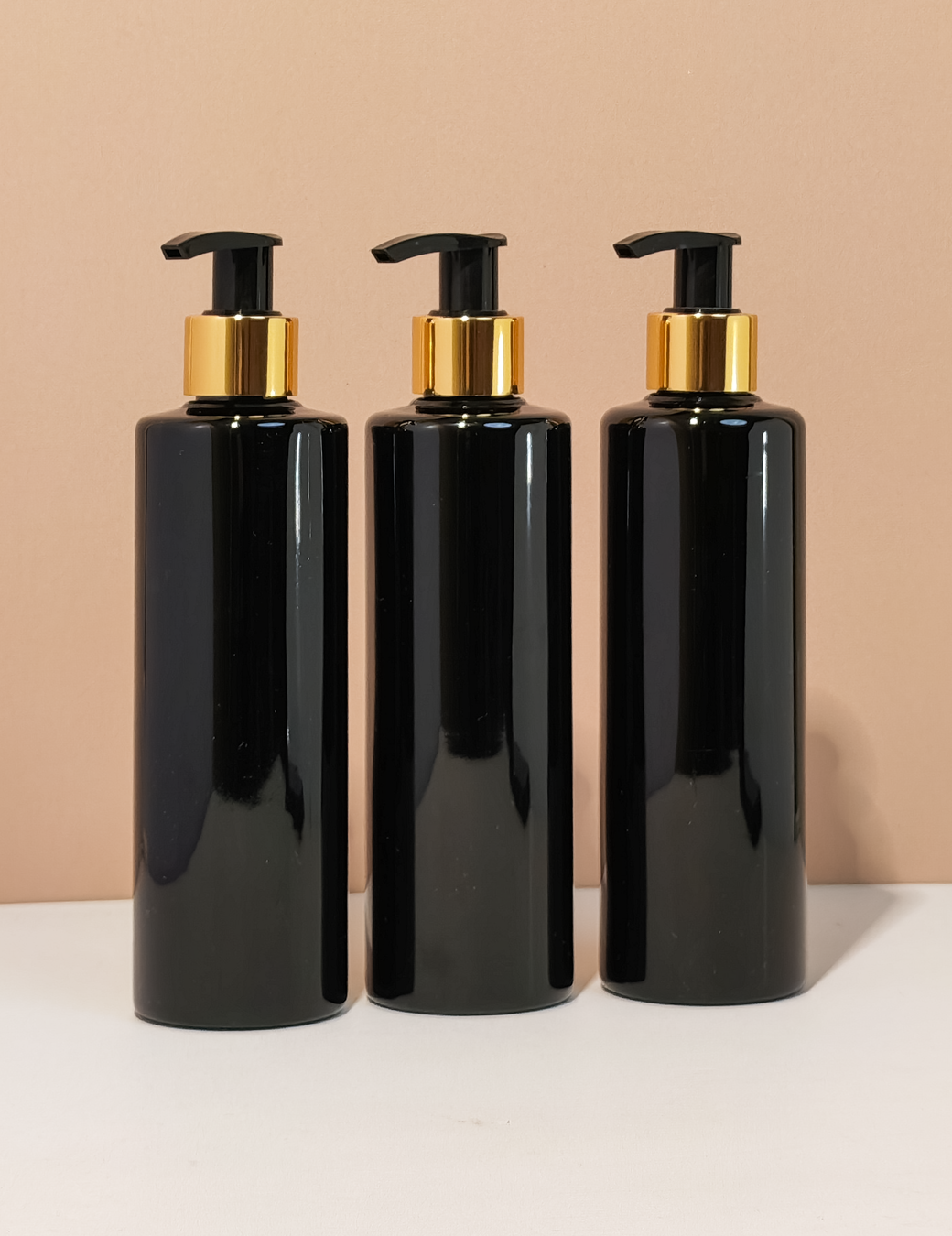 250Ml Tall Pet Bottle With Old Gold Black Lotion Pump