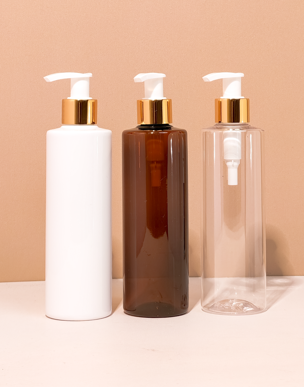 250Ml Tall Pet Bottle With Old Gold White Lotion Pump