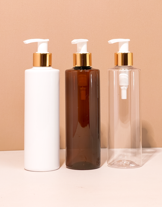 250Ml Tall Pet Bottle With Old Gold White Lotion Pump