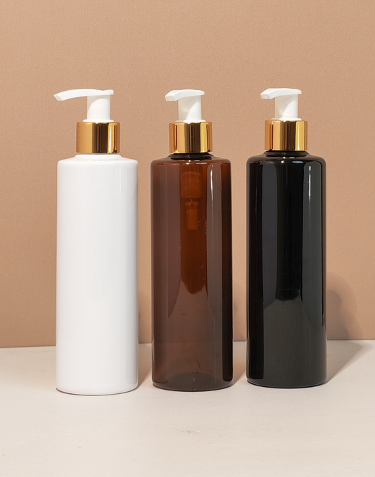 250Ml Tall Pet Bottle With Old Gold White Lotion Pump