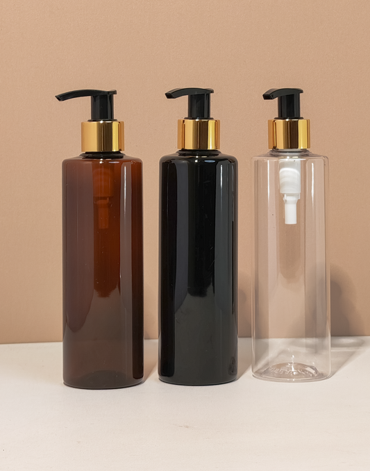 250Ml Tall Pet Bottle With Old Gold Black Lotion Pump
