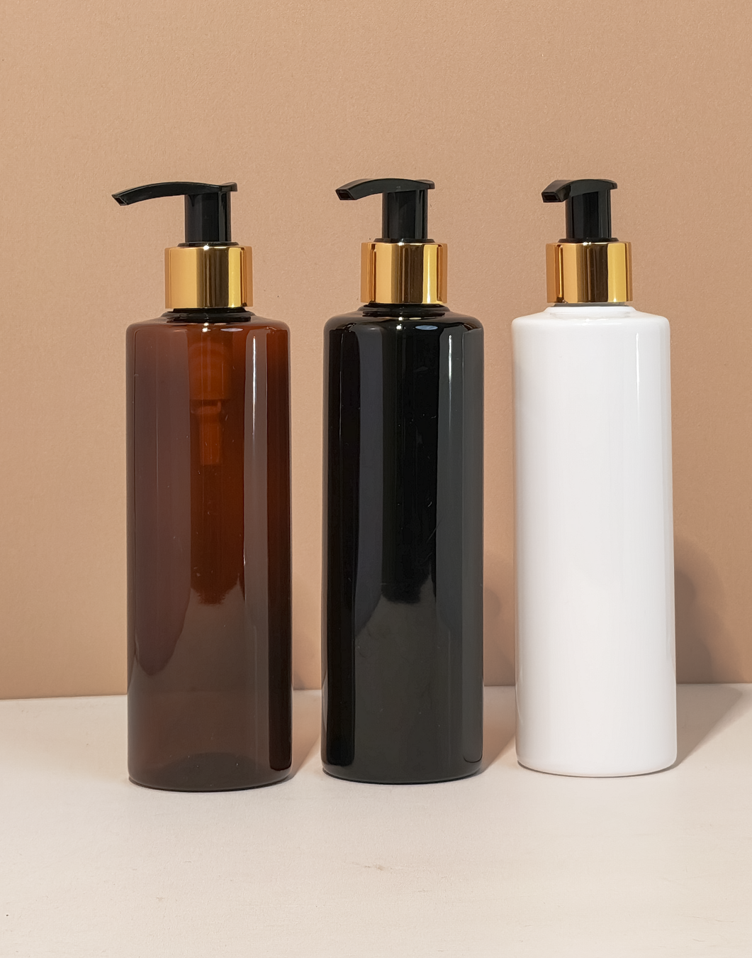250Ml Tall Pet Bottle With Old Gold Black Lotion Pump