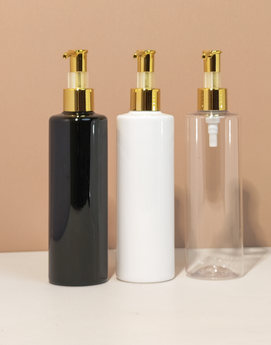 250Ml Tall Pet Bottle With All Gold Lotion Pump