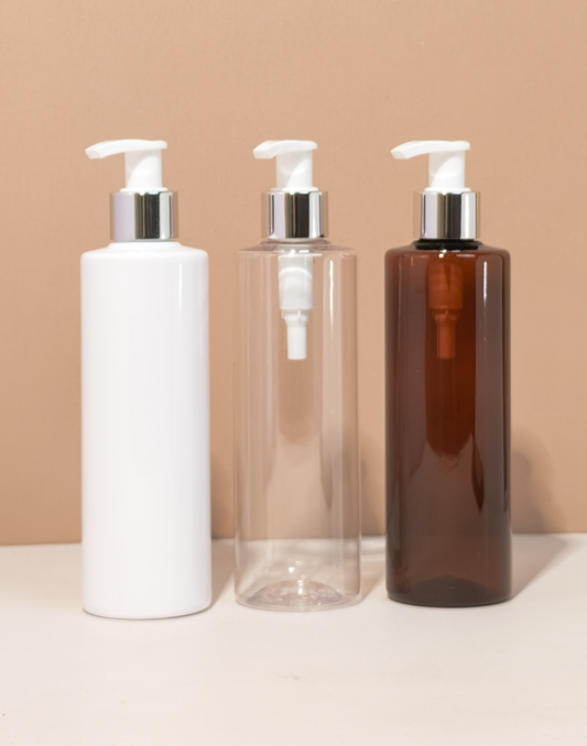250Ml Tall Pet Bottle With Silver White Lotion Pump