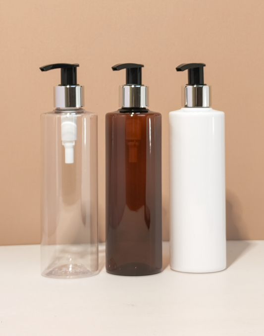 250Ml Tall Pet Bottle With Silver Black Lotion Pump